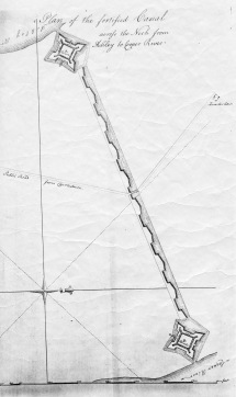 De Brahm's ca. 1755 plan included a fortified canal connecting the Ashley and Cooper Rivers